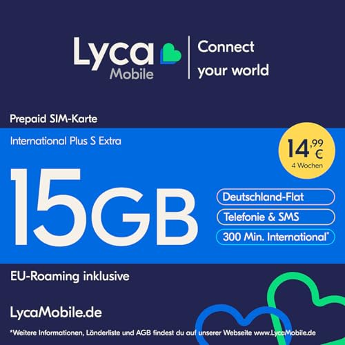 Lyca Mobile International Plus S extra Prepaid Smartphone SIM Karte ohne Vertrag inkl. 15 GB Datenvolumen