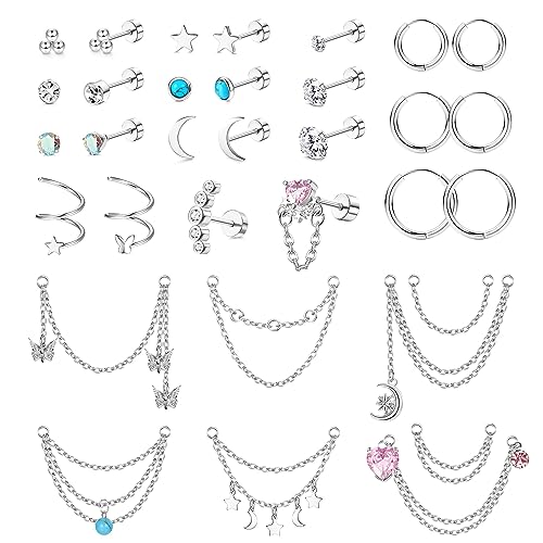 Morfetto Edelstahl Knorpel Ohrringe Set CZ Mond Stern Herz Schmetterling Flatback Helix Ohrstecker Kleine Huggie Creolen Kette Baumeln Tragus Knorpel Helix Piercing Schmuck 20G Silber