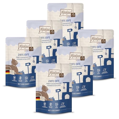 MjAMjAM - Premium Nassfutter für Katzen - Quetschie - purer Fleischgenuss - zarte Ente pur 6er Pack 6 x 300 g getreidefrei mit extra viel Fleisch