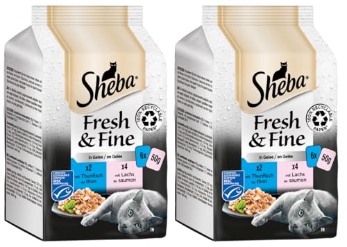 SHEBA Nassfutter Katzenfutter Fresh Fine in Gelee - Verschiedene Geschmacksrichtungen 2x6x50g Thunfisch und Lachs MSC