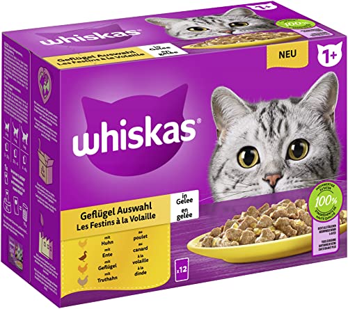 Whiskas 1 Katzenfutter Geflügel Auswahl in Gelee 12x85g 1 Packung Hochwertiges Nassfutter für ausgewachsene Katzen in 12 Portionsbeuteln