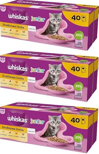 Whiskas Junior Geflügel Auswahl in Gelee 120 Portionsbeutel 85g 3-er Pack Hochwertiges Katzenfutter nass für heranwachsende Katzen