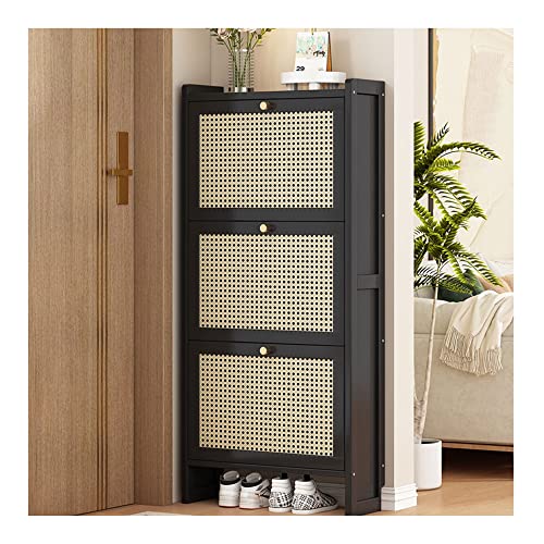 Freistehender Rattan-Schuhschrank mit schlankem Holzorganizer 2 Klapp- 3 Klappschubladen Eingangsbereich Flur Wohnzimmer Schuhregal für Pumps und Hausschuhe Größe 120 x 5