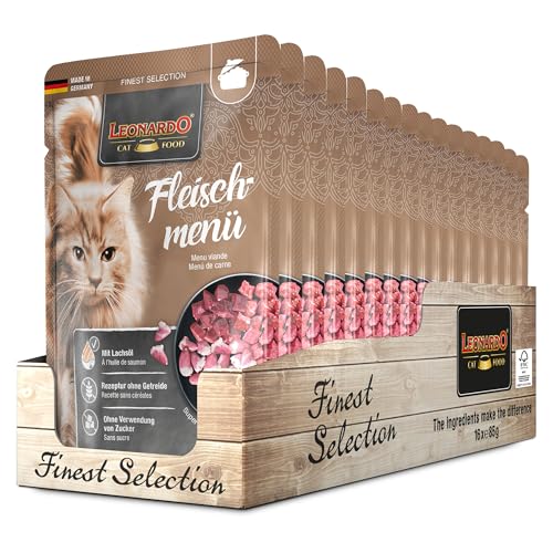 Leonardo Frischebeutel 16x85g Fleischmenü Getreidefreies Nassfutter für Katzen Feuchtfutter Alleinfutter im Einzelportionsbeutel