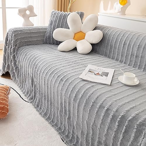 Mesnt Sofa Decken Bezug für Katzen Kratzfest Chenille Couchschutz für Haustiere Einfarbig mit Plüschstreifen Grau 180x180CM