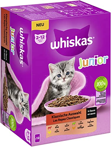 Whiskas Junior Katzenfutter Klassische Auswahl in Sauce 12x85g 1 Packung Hochwertiges Nassfutter für heranwachsende Katzen von 2 bis 12 Monaten in 12 Portionsbeuteln