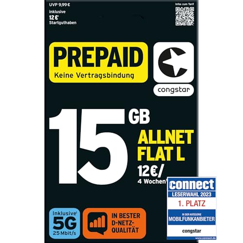 congstar Prepaid ALLNET L SIM-Karte ohne Vertrag I Vielsurfer Prepaid-Paket in D-Netz-Qualität I 6 GB LTE mit 25 Mbit s 15 Startguthaben I Telefonie SMS Flat in alle dt. Netze I EU-Roaming inkl.