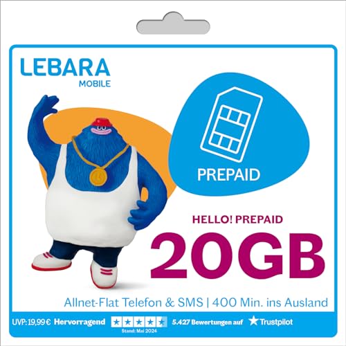 Lebara Prepaid SIM-Karte mit HELLO L Prepaid Tarif ohne Vertrag Allnet Flat Telefonie SMS 20 GB Datenvolumen inkl. LTE und 400 Frei-Min. ins Ausland