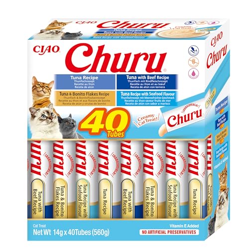 INABA Churu Puree Katzenleckerlis Creamy Snacks Variety Box mit Thunfisch 40 x 14 g Katzensnacks in Premium Qualität