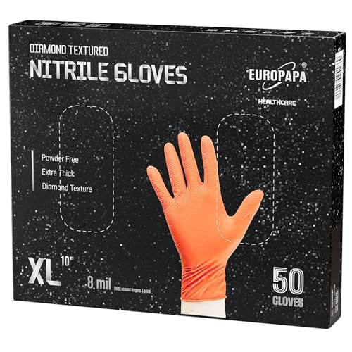 EUROPAPA 50x extra Dicke Nitrilhandschuhe DiamantGrip Diamant Perfect Grip Einweghandschuhe Montageschutzhandschuhe puderfreier latexfreier Arbeitshandschuhe 8 mil Orange XL