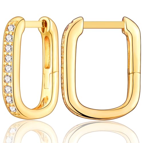 CERSLIMO Rechteckige Ohrringe für Damen Gold 11mm Zirkonia Creolen Vergoldet Huggies Eckig Viereckig Quadratisch Hypoallergene Schmuck Geschenke für Mädchen Herren