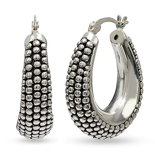 LeCalla 925 Sterling Silber Kaviar Creolen Medium Oval Antik Oxidiert Leichtgewicht Klick-Top Beaded Hoops für Frauen - 27MM