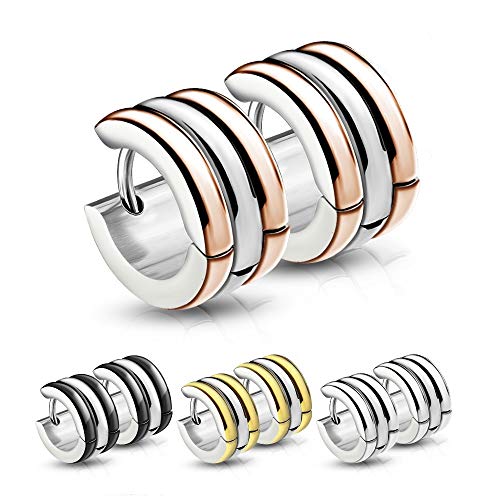 Treuheld CREOLEN mit 3 Ringen Schwarz Rosegold Silber Gold - Edelstahl - Damen Herren Ohrringe - mehrreihige Ohrstecker mit Klappverschluss - 7mm breit mit 3 Reihen - Ohrschmuck zum Klappen