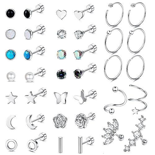 JeweBella 19 Paar Kleine Ohrstecker Set Für Frauen Männer Chirurgische Edelstahl Ohrringe Set Knorpelohrringe Creolen Ohrringe Perle Mond Stern Türkis Zirkon Flach Ohrringe Ohrpiercing Ohrstecker