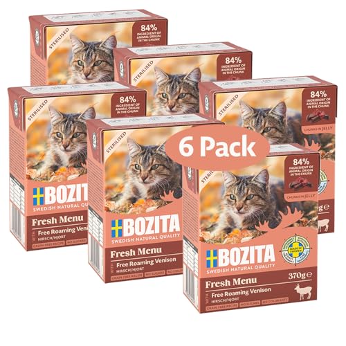 Bozita Sterilised Nassfutter-Häppchen für Katzen in Gelee mit Hirsch- 6er Tetra Pack 370g Katzenfutter ohne Getreide und Zucker - Katzen-Futter mit 7 5% Protein 5% Fettgehalt ohne Gentechnik