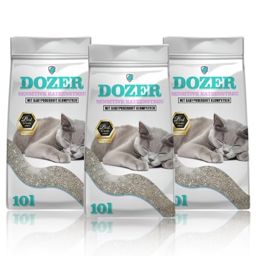 30 Liter Dozer Katzenstreu Sensitive mit Babypuderduft Klumpstreu Premium 30L Katzenstreu mit Babypuder-Duft - Feine Klumpstreu aus Bentonit 3 x 10L