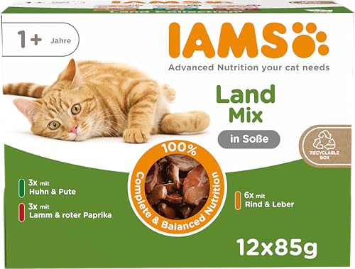 IAMS Delights Land Collection Katzenfutter Nass   Multipack mit Fleisch Sorten Lamm Rind Huhn Pute in Sauce Nassfutter für ab 1 Jahr 12x 85g