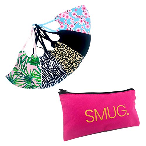 SMUG Verstellbarer waschbarer und wiederverwendbarer Gesichtsschutz 5er-Pack mit rosa Tasche Mehrere Drucke Anti-Rutsch-Nasen- und Mundschutz Premium-Stoff Hautfreundliches Stoffmaterial