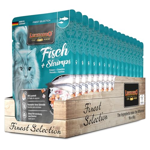 Leonardo Frischebeutel 16x85g Fisch Shrimps Getreidefreies Nassfutter für Katzen Feuchtfutter Alleinfutter im Einzelportionsbeutel