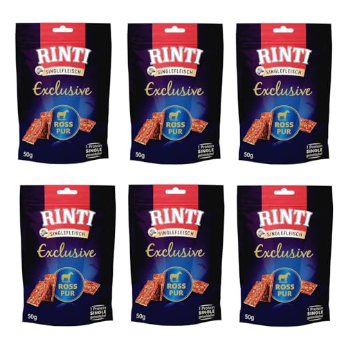 Rinti Singlefleisch Exclusive Snack Ross Pur 6er Pack 6 x 50 g Ergänzungsfuttermittel für ausgewachsene Hunde Ausschließlich Ross für empfindliche Hunde bei Allergien Als Belohnung