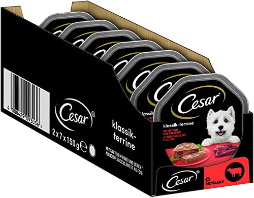 Cesar Adult Hundenassfutter Klassik-Terrine mit saftigem Rind und Leber 14 Schalen 14x150g Premium Hundefutter nass ohne Zuckerzusatz künstliche Aroma oder Farbstoffe