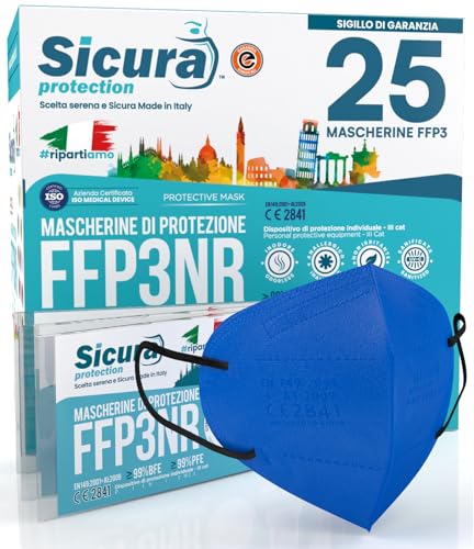 25 FFP3-Masken CE-zertifiziert COBALTBLAU Schwarze Gummibänder Made in Italy geprägtes SICURA-Logo PFE 99% BFE 99% SANITIZED einzeln versiegelte Maske