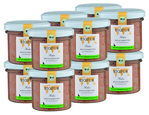 BIOPUR Bio Hundefutter Huhn Reis Karotten für Hunde-Senioren 12x100g