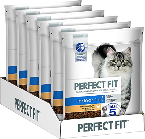 Perfect Fit Indoor 1 Trockenfutter für erwachsene Hauskatzen ab 1 Jahr Reich an Huhn Unterstützt die Vitalität 6 x 750 g