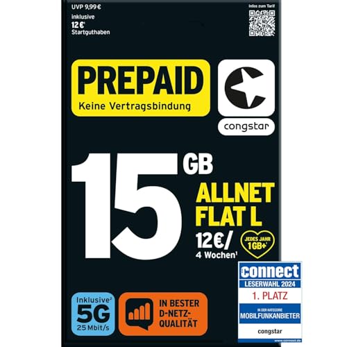 congstar Prepaid ALLNET L SIM-Karte ohne Vertrag I Vielsurfer Prepaid-Paket in D-Netz-Qualität I 15 GB LTE mit 25 Mbit s 15 Startguthaben I Telefonie SMS Flat in alle dt. Netze I EU-Roaming inkl.