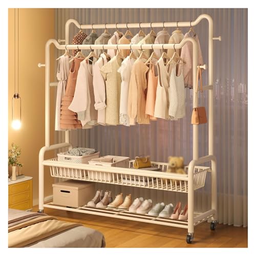 Doppelschienen-Kleiderstange Kleiderstange Mit 2 Etagen Und Auf Rollen Kleiderstange Mit 4 Haken Freistehende Kleiderstange Mit Schuhregal For Schlafzimmer White 120CM