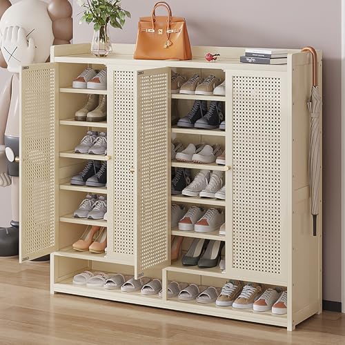 Schuhregal aus Bambus mit 8 Etagen und verstellbaren Regalen 120 cm Schuhschrank mit 4 Türen für Wohnzimmer Flur Schuh-Organizer und Rattan-Schrank