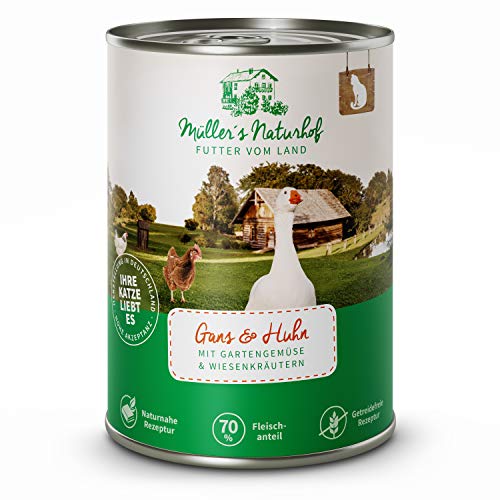 Müllers Naturhof - Nassfutter für Katzen - naturnahe Rezeptur - Gans Huhn - 6 x 400 g - getreidefrei - 70% Fleischanteil - ohne Tierversuche Zucker Farb- Aroma- Konservierungsstoffe