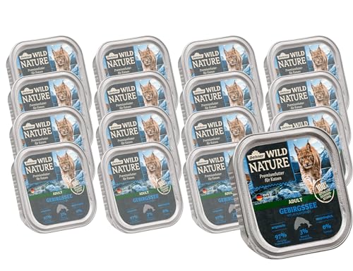 Dehner Wild Nature Katzenfutter Gebirgssee Nassfutter getreidefrei zuckerfrei für ausgewachsene Katzen Lachs Forelle 16 x 100 g Schale 1.6 kg