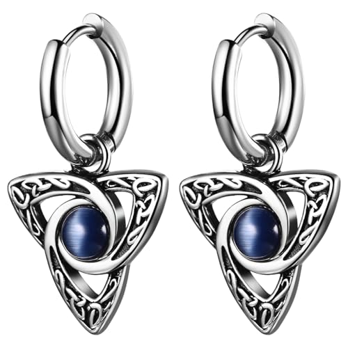 JewelryWe Keltische Knoten Creolen Ohrringe Silber Edelstahl Huggie Creolen mit Baumeln Irisch Triquetra Trinity Keltischen Knoten Blau Perlen Tropfen Ohrringe Gothic Ohrschmuck für Damen Männer