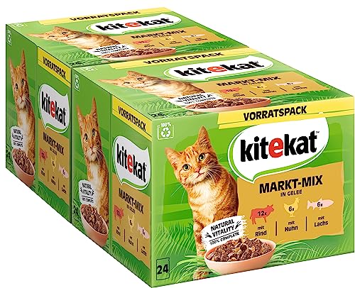 Kitekat Katzenfutter Nassfutter Markt-Mix in Gelee Feuchtfutter in 48 Portionsbeuteln 2er Pack 2 x 24 Portionsbeutel 85g