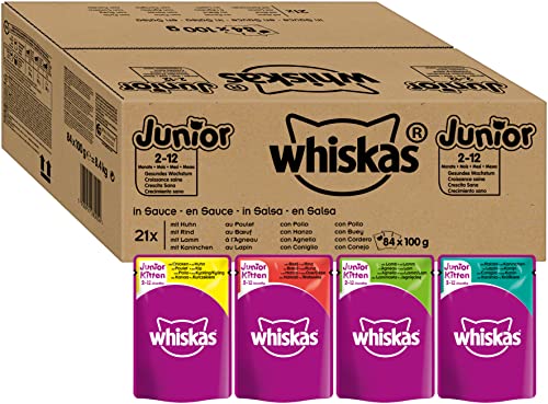 Whiskas Katzennassfutter Junior Klassische Auswahl in Sauce Ausgewogenes Feuchtfutter für heranwachsende Katzen von 2-12 Monaten im Portionsbeutel Katzenfutter Großpackung 84 x 100g