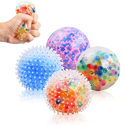 Pinsheng 4 Stück Stressbälle Anti Stress Bälle Bunte Squeeze Ball Fidget Spielzeug Quetschball mit Wasse Perlen Anti Stress Traubenbälle für Kinder Erwachsene für ADHS Angst Relief OCD