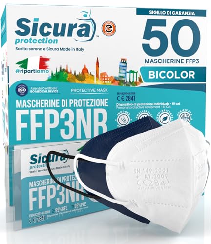 50 FFP3 Masken CE zertifiziert bunt Blau und Weiß Made in Italy BFE 99% PFE 99% Logoaufdruck SICURA Italienisch sanitisiert und einzeln versiegelt ffp3 Maske 25 Weiß 25 Blau