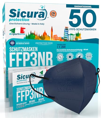 50x CE-zertifizierte FFP3 Masken Blau mit Schwarzen Gummibänder Made in Italy mit aufgedrucktem SICURA-Logo PFE 99% BFE 99% SANIFIZIERT einzeln versiegelt