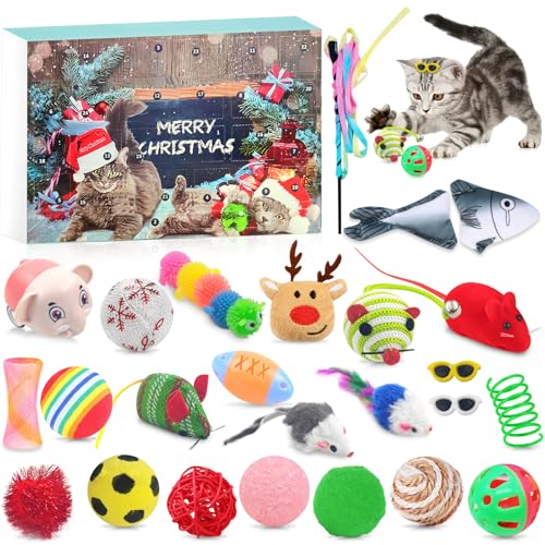 Adventskalender für Katzen 2024 Katzenspielzeug Adventskalender 24PCS Interaktives Kätzchenspielzeug mit Katzenminze Fisch Mäuse Bälle Katzen adventskalender 2024 Katzen Weihnachten Geschenk