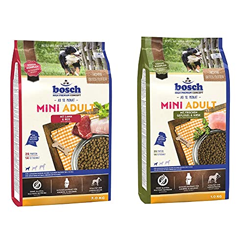 bosch HPC Mini Adult mit Lamm Reis Hundetrockenfutter für ausgewachsene Hunde kleiner Rassen bis 15 kg 1 x 3 kg Adult mit frischem Geflügel Hirse bis 15 kg 1 x 3 kg