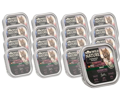 Dehner Wild Nature Katzenfutter Heidetal Nassfutter getreidefrei zuckerfrei für ausgewachsene Katzen Kaninchen Huhn 16 x 100 g Schale 1.6 kg