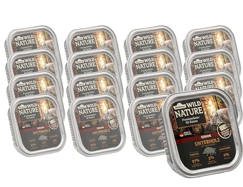 Dehner Wild Nature Katzenfutter Unterholz Nassfutter getreidefrei zuckerfrei für ältere Katzen Wildschwein 16 x 100 g Schale 1.6 kg