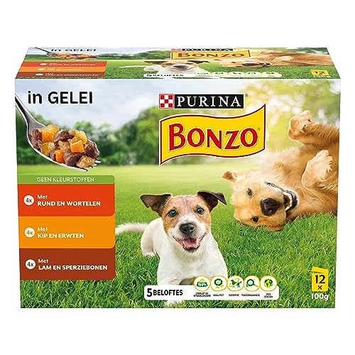 Bonzo Adult Hundefutter - Nassfutter mit Rind und Karotten mit Huhn und Erbsen in Gelee 12 x 100g 48 Portionsbeutel 4 8kg