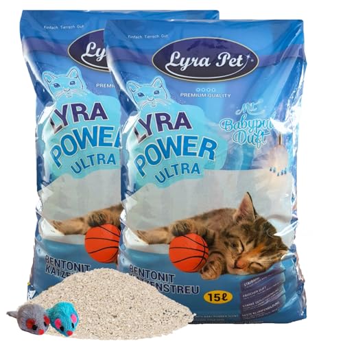 Lyra Pet 30 Liter Lyra Power Ultra Excellent Katzenstreu 2 Spielmäuse Mit Babypuder Duft Klumpstreu 350% Saugkraft Naturprodukt aus Bentonit Saubere Wohnung Neutralisiert Gerüche