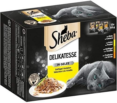 Sheba Delikatesse Katzennassfutter in Gelee 12x85g Katzenfutter nass Geflügel Variation mit Ente Huhn Geflügel und Truthahn