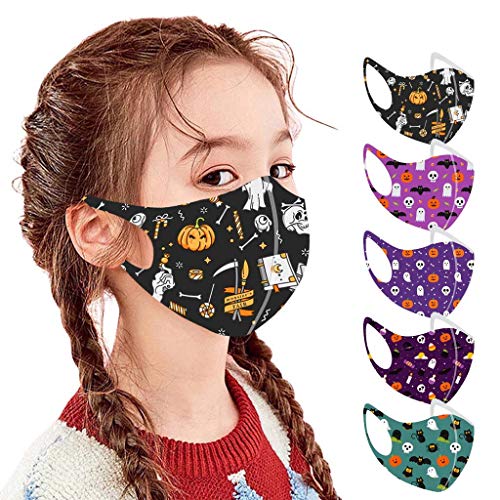 Shineshae 5 Stück Halloween Kinder Waschbare Nasenschutz Wiederverwendbar Atmungsaktiv Lustig Print Masken Face Bandana für Jungen Mädchen