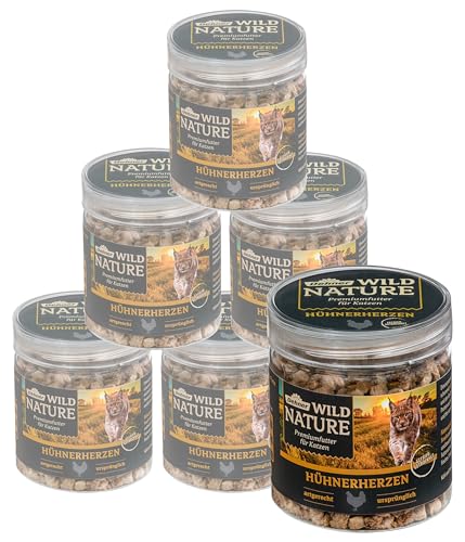 Dehner Wild Nature Katzensnack Premium Leckerli glutenfrei zuckerfrei für ernährungssensible Katzen gefriergetrocknet Hühnerherzen 6 x 20 g 120 g