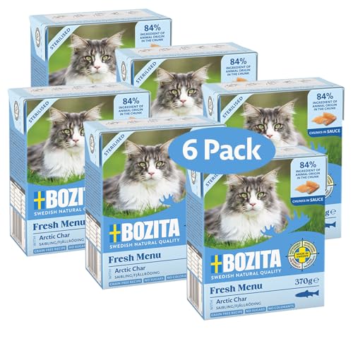 Bozita Sterilised Nassfutter-Häppchen in Sauce mit viel Saibling- 6er Pack 370g appetitliches Katzenfutter ohne Getreide und Zucker - Katzen-Futter mit 8 5% Protein 4 5% Fettgehalt ohne Gentechnik