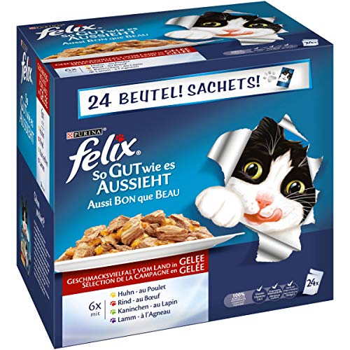 Felix So gut wie es aussieht Katzennassfutter Gelee Geschmacksvielfalt vom Land I Adult I 4er Pack 4 x 24 x 100g